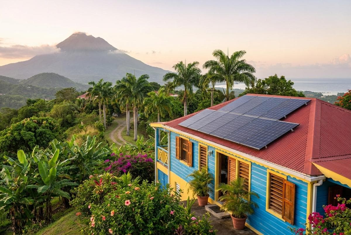 Aides panneaux solaires Guadeloupe : installation photovoltaïque sur toit de case créole face à la Soufrière, Basse-Terre