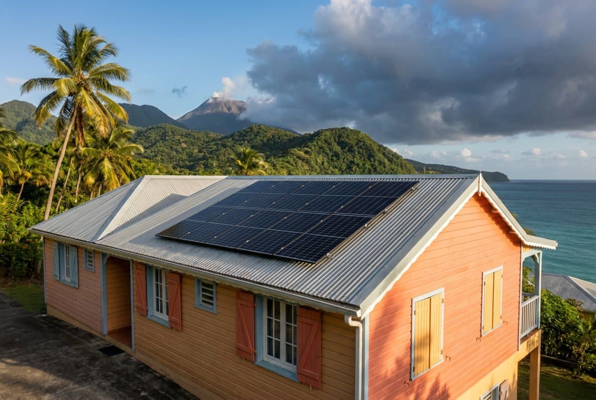 Panneaux solaires installés sur case créole guadeloupéenne face aux cyclones